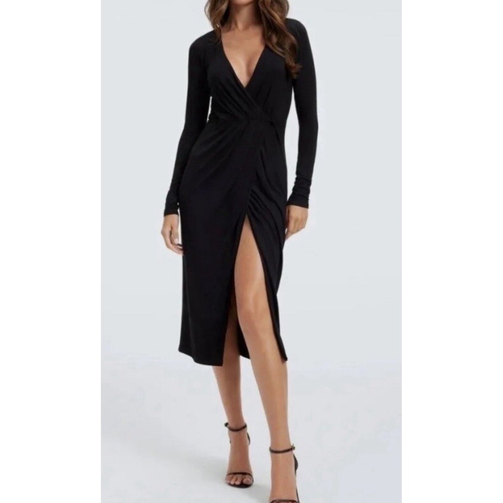 Good‎ American Black Long Sleeve Wrap Midi Dress Size 5 GDK0135
